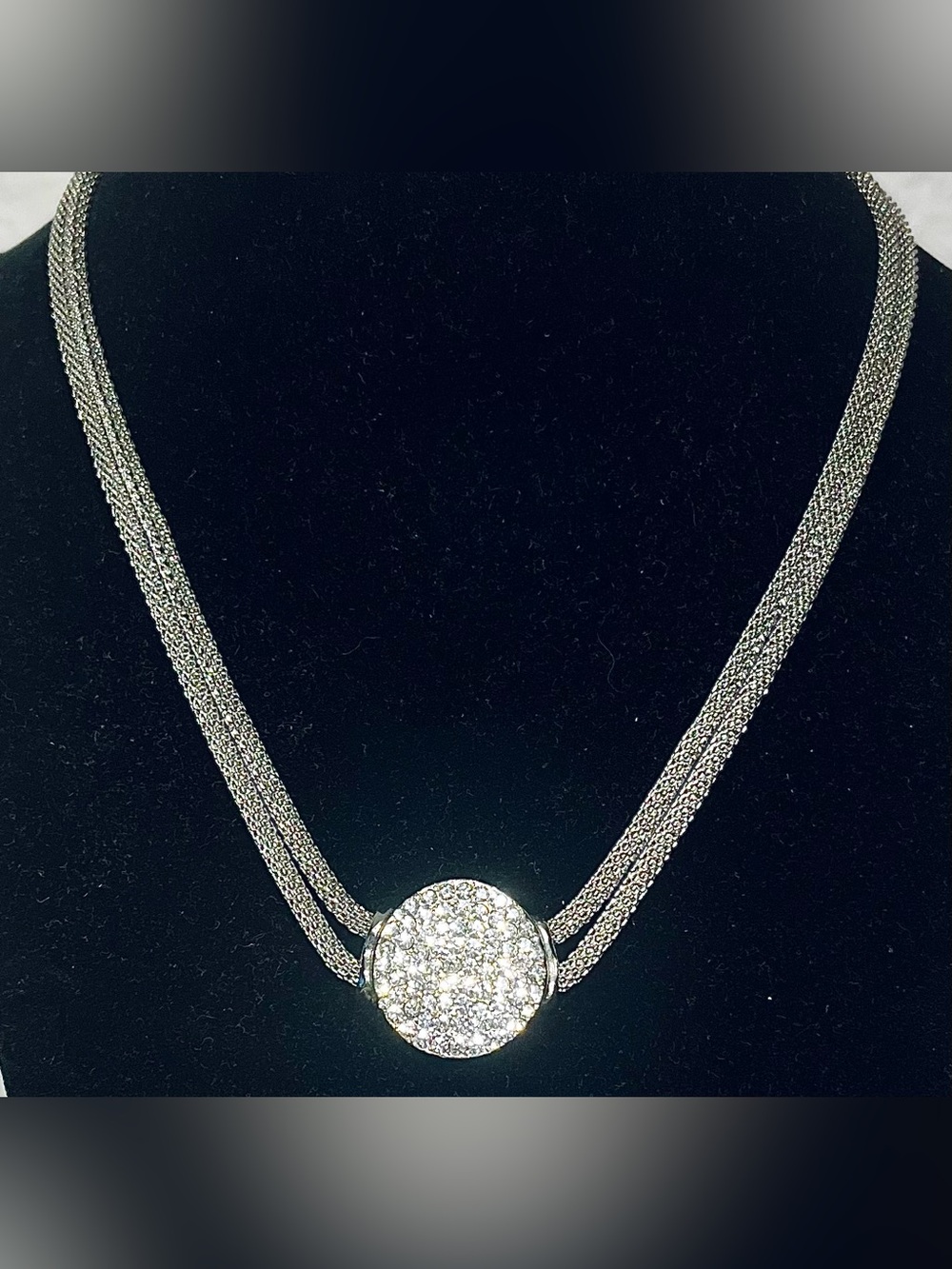 Vintage Y2K Silver Multi-Strand Necklace with Pavé Crystal Disc Centerpiece